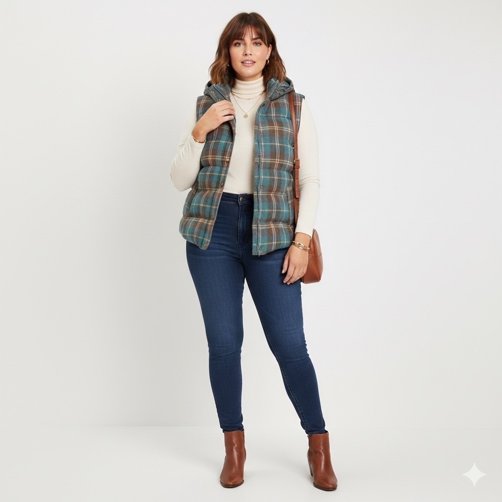 Boden Teal Brown Pink Yellow Plaid Pembroke Hooded Puffer Vest Size 16